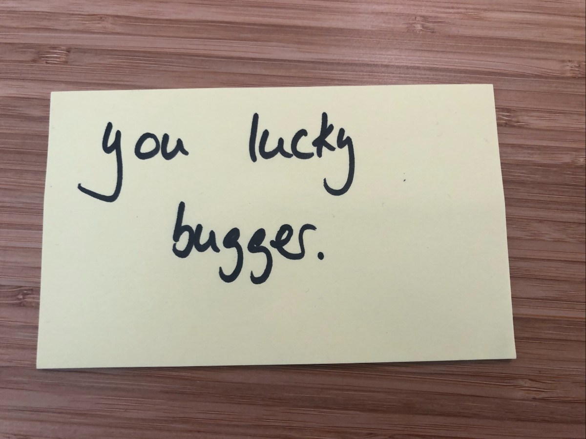 "You lucky bugger" on a post-it